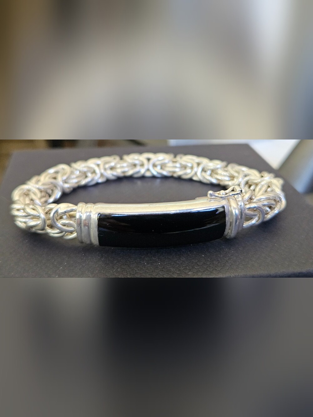 Custom 925 SILVER Black Onyx Bar Byzantine Bracelet 29.6gr